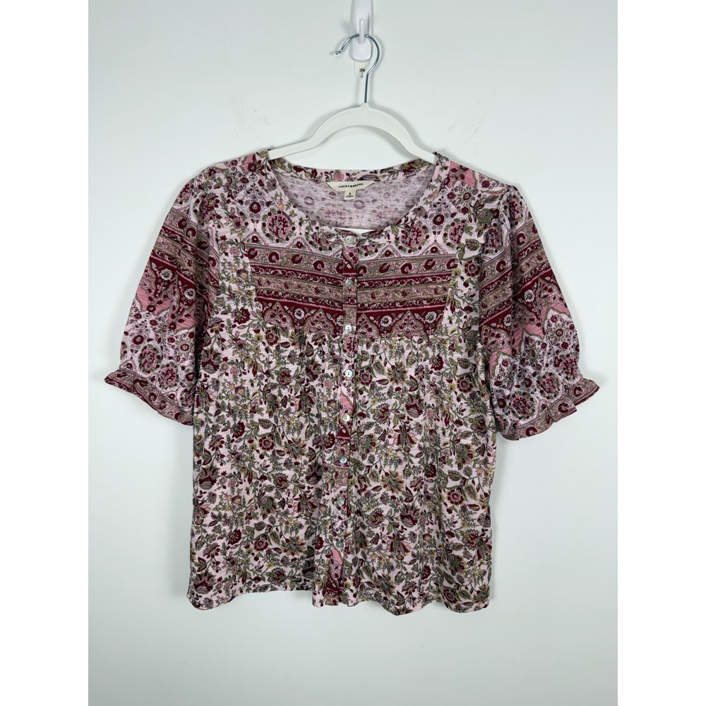 Lucky Brand Pink Floral paisley peasant Button Front Short Sleeve Boho Top Small
